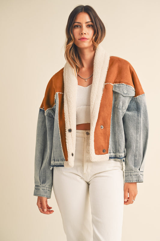 Faux Suede, Sherpa and Denim Combo Jacket