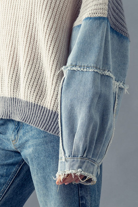 The Cardi - Denim Sleeve Drop Shoulder Sweater